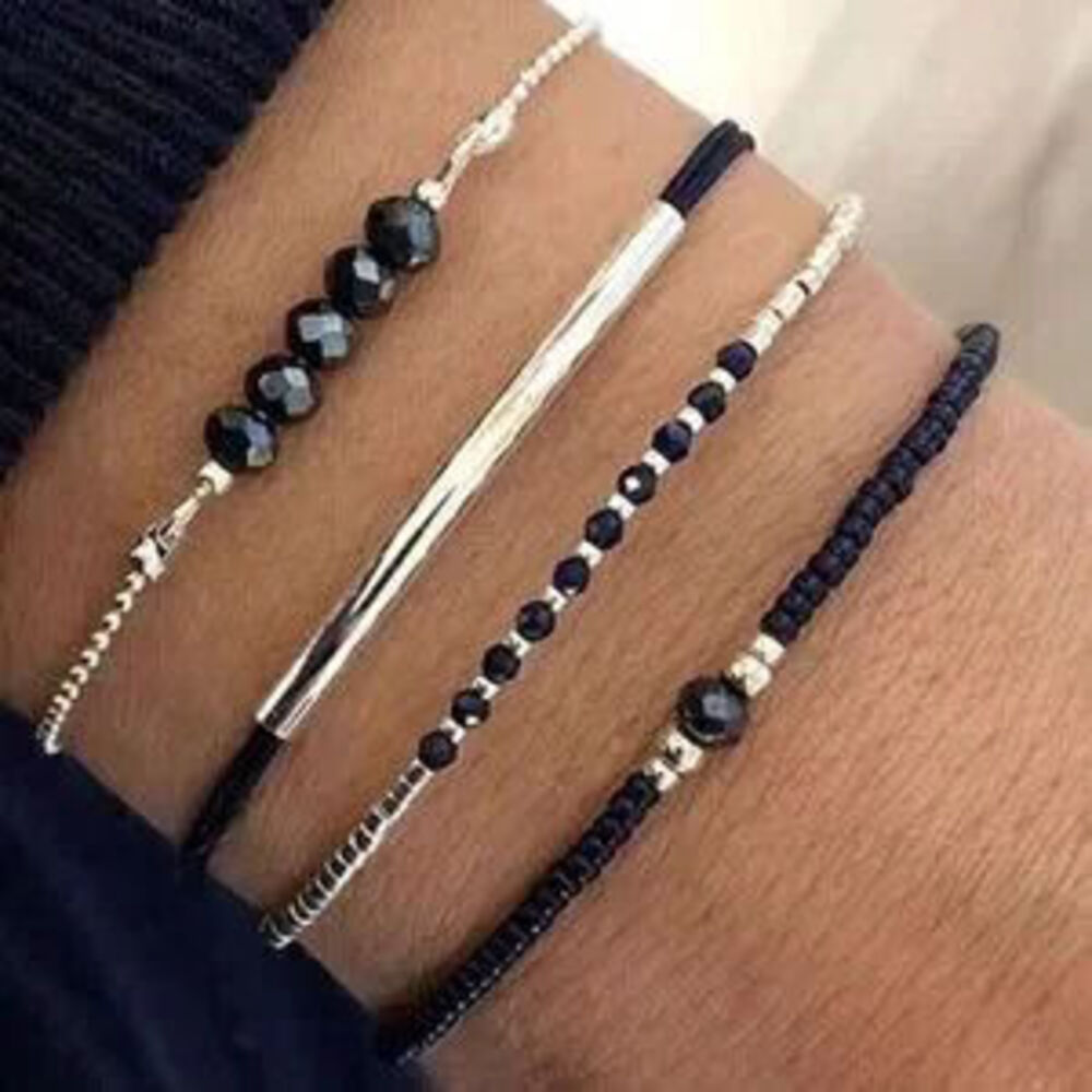 Boho Silver Tone Beaded Bracelet Set